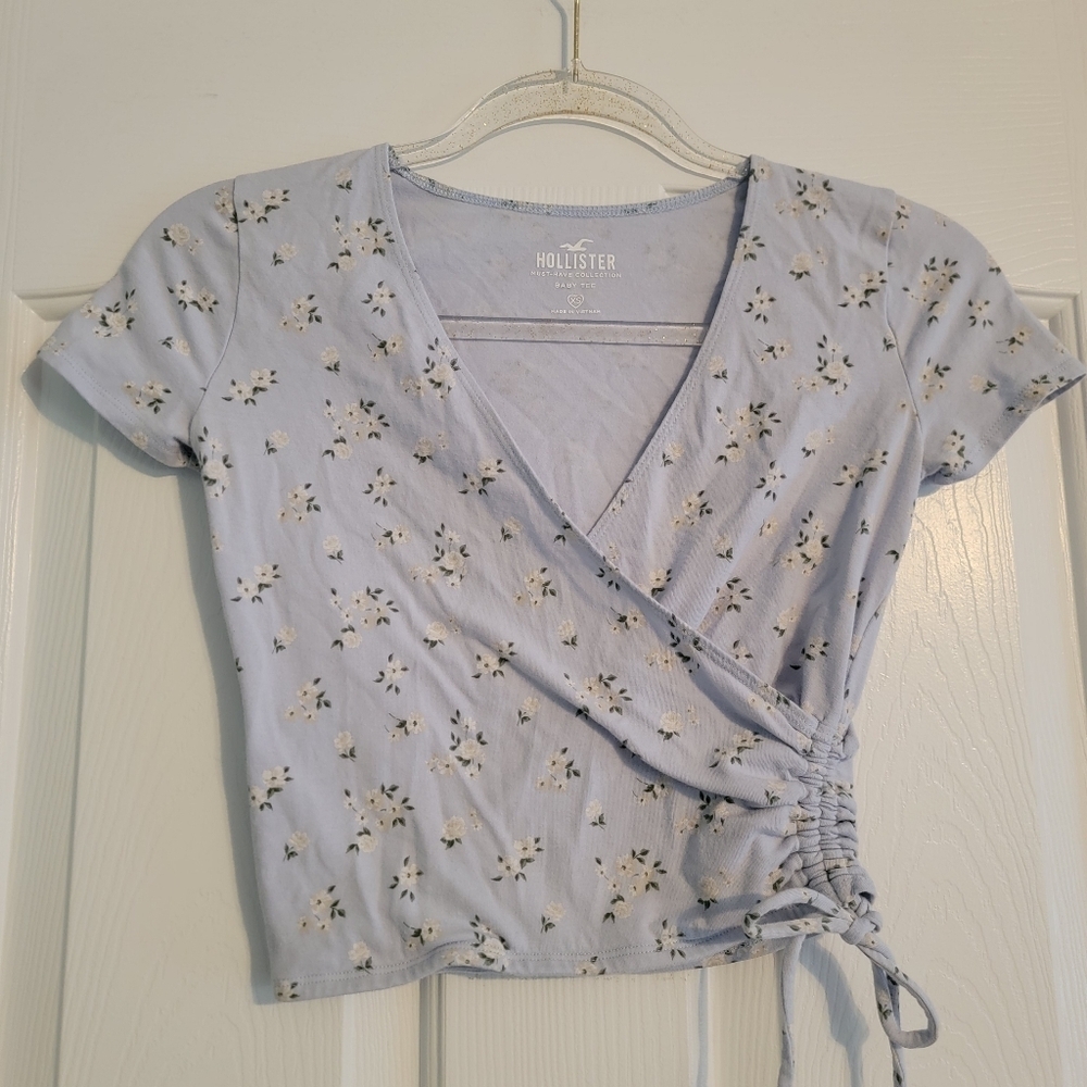 Hollister Pale Blue Floral Wrap Crop Top with Side Tie